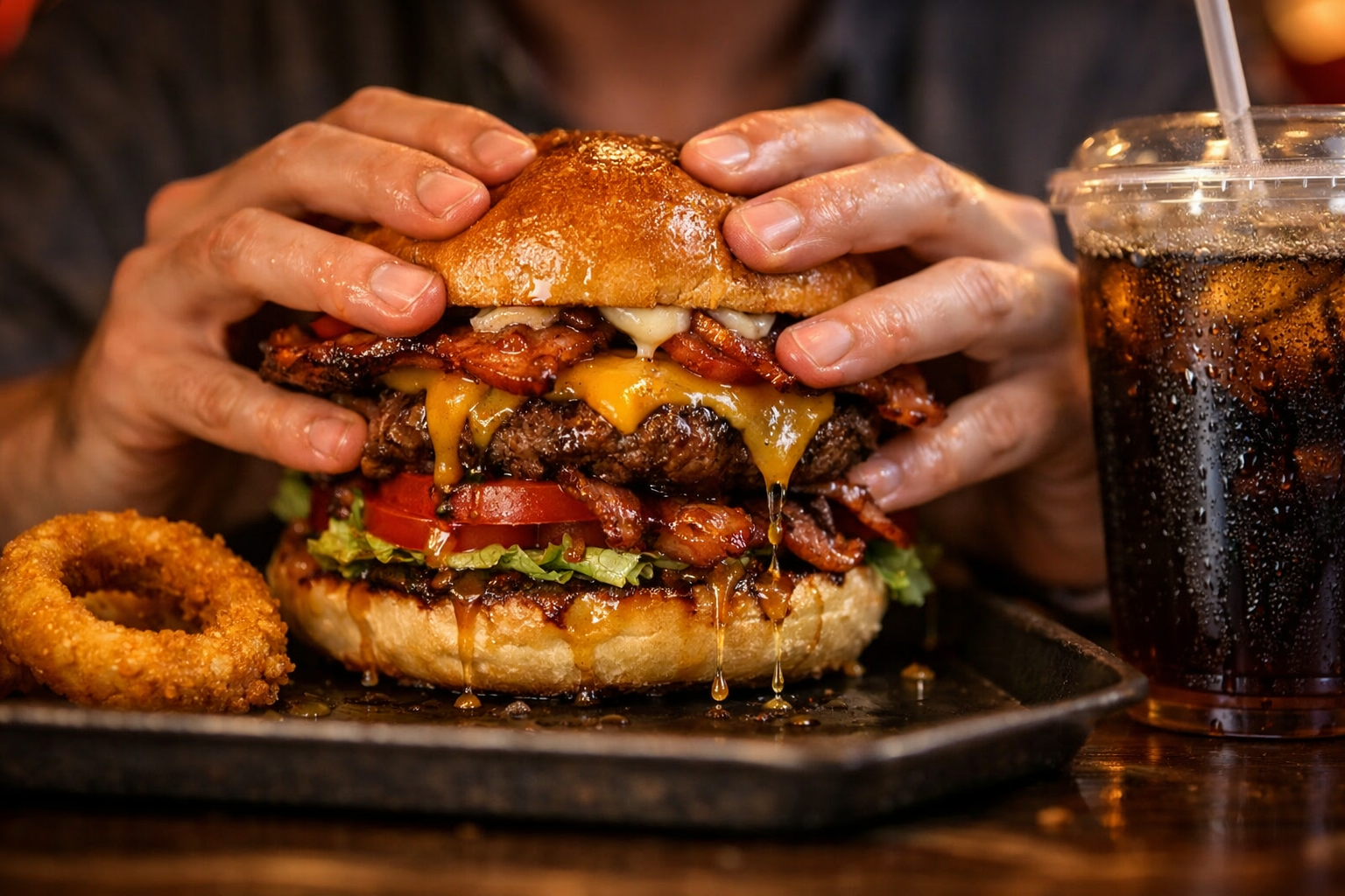 Close-up eye-level shot of a person's hands holding a perfectly stacked burger, fingers pressing into the bun as juices drip
