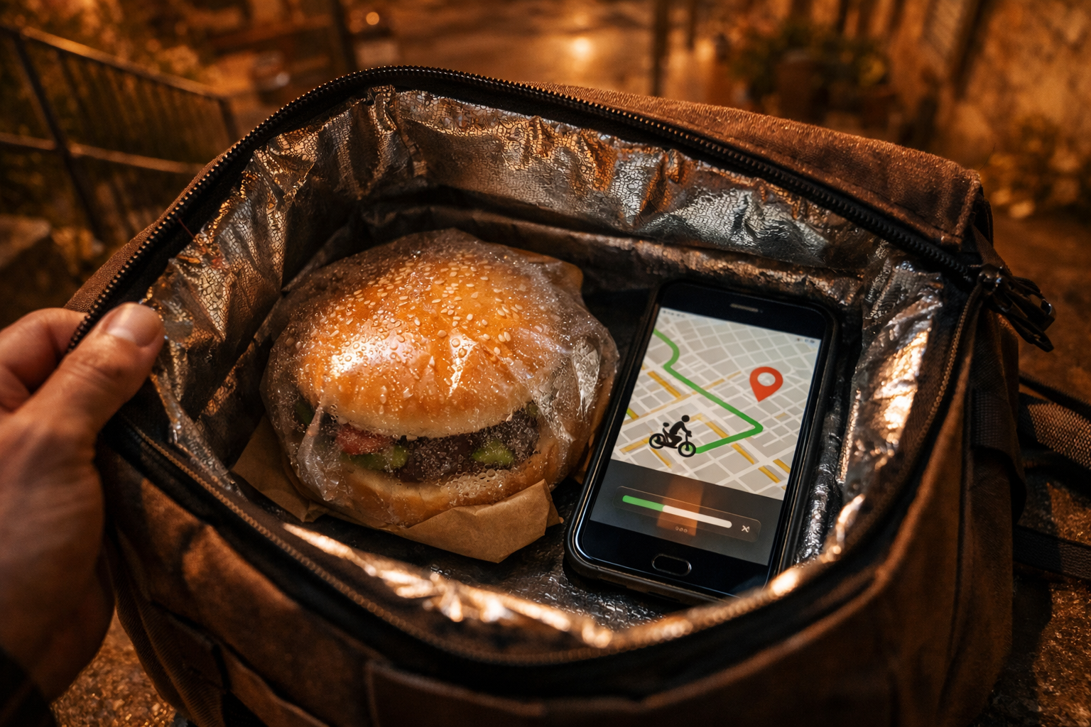 Close-up overhead shot of a delivery bag being opened on a doorstep in an urban Haifa neighborhood, revealing a wrapped