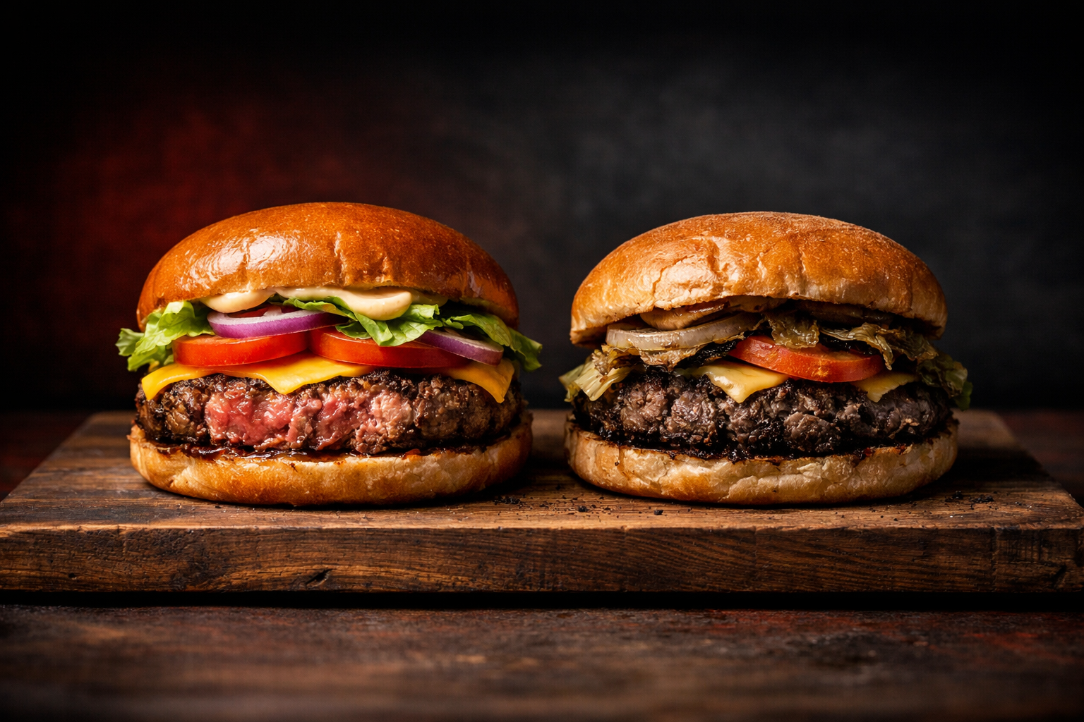 Split composition landscape image showing two contrasting hamburger cross-sections side by side on a wooden board, one