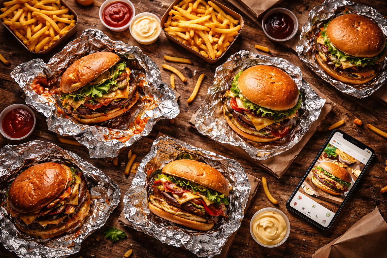 Wide-angle overhead flat-lay shot of multiple burger orders spread across a wooden table, some wrapped in foil, some open