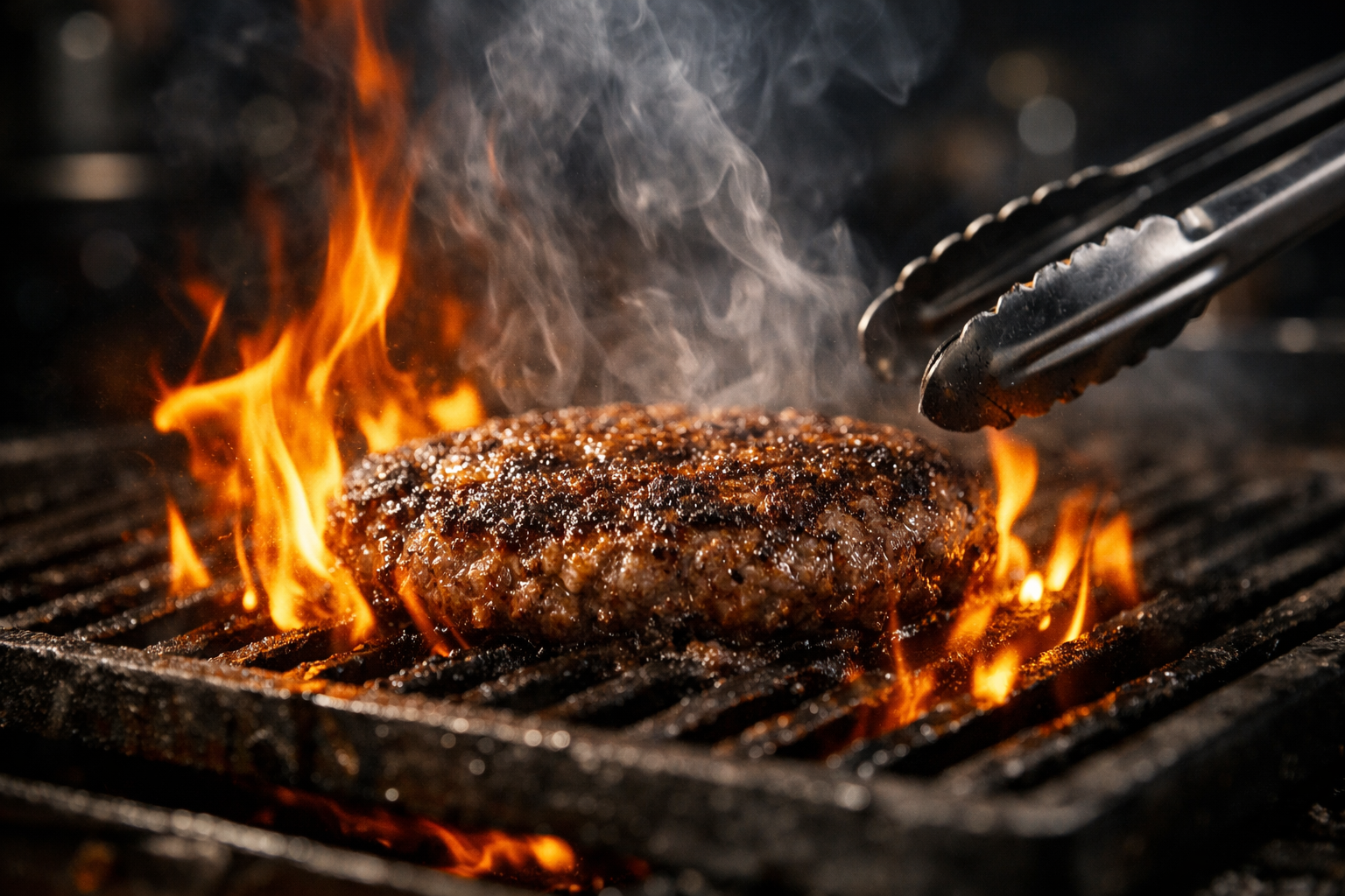 () action shot from a low angle of a beef patty sizzling on a cast iron grill, intense flames licking the edges of the