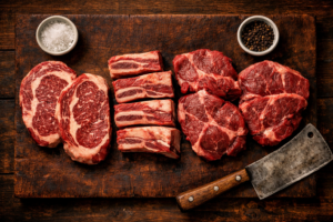 () flat-lay overhead shot of various raw beef cuts arranged on a dark butcher block wooden surface, marbled ribeye, short