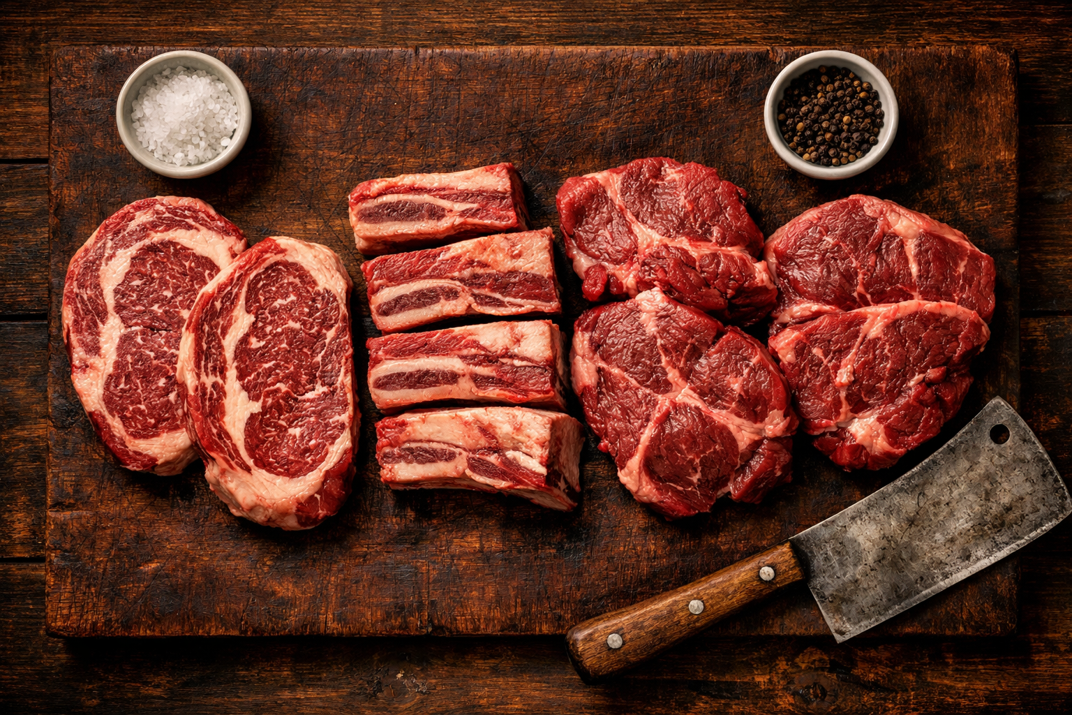 () flat-lay overhead shot of various raw beef cuts arranged on a dark butcher block wooden surface, marbled ribeye, short