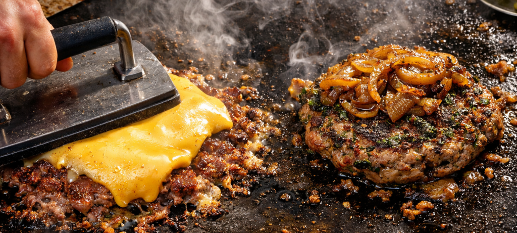 () vibrant street-food scene showing a busy Israeli burger restaurant counter at night, neon signs in Hebrew reading