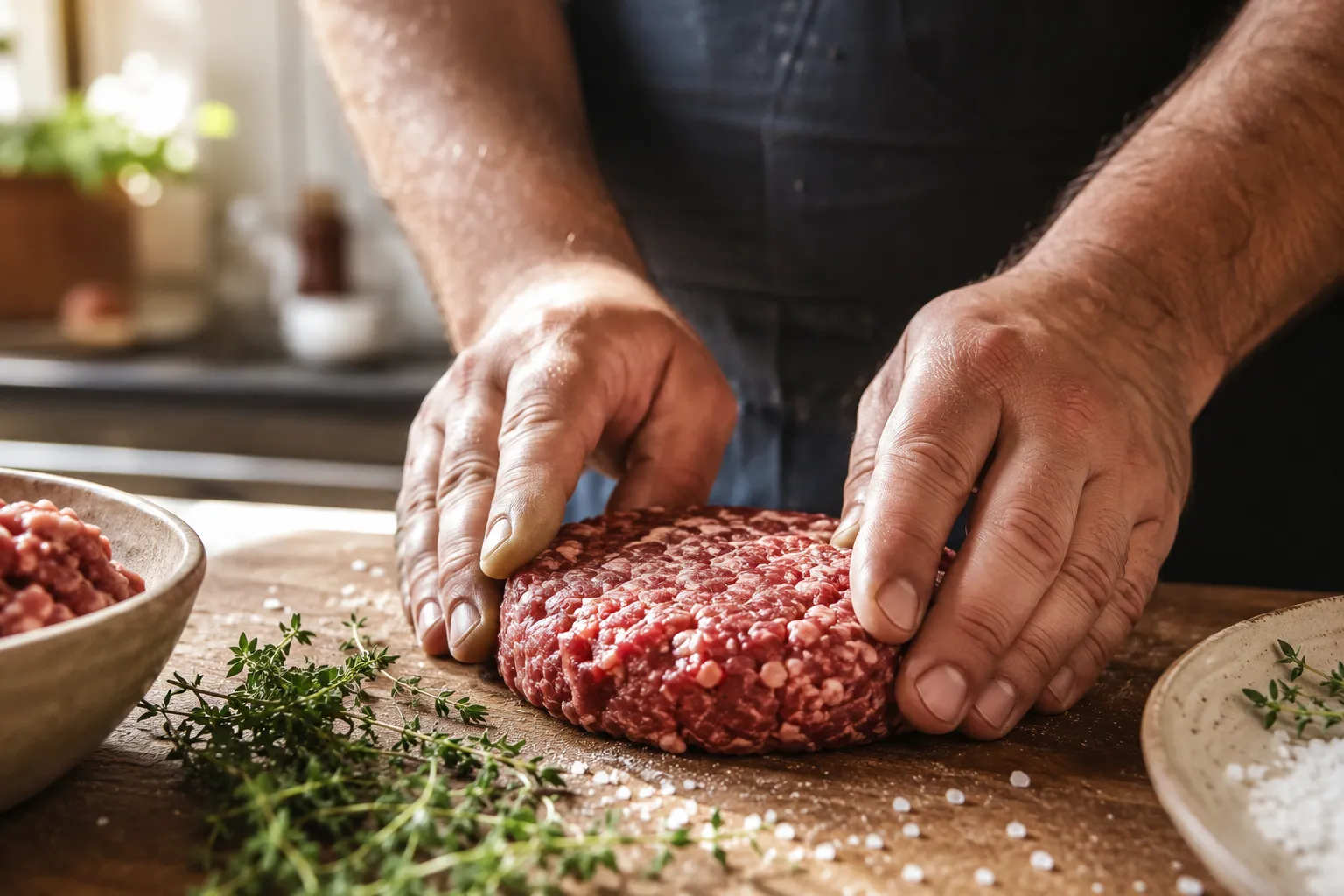 Editorial landscape close-up macro photograph of a coarsely ground fresh beef patty being hand-formed by a butcher's hands
