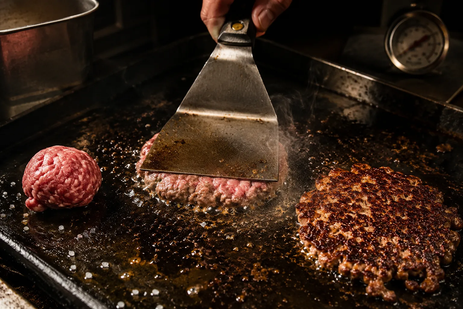 Overhead editorial food photography () of a scorching black cast iron plancha surface with three smash burger patties at