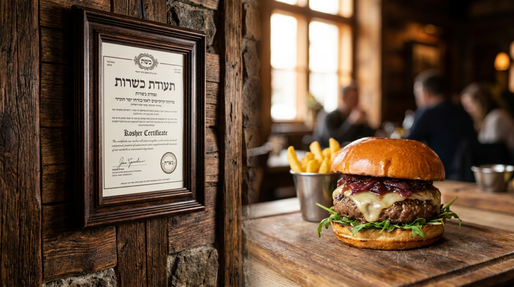 תעודת כשרות בהשגחת הרבנות ממוסגרת על קיר מסעדת בשרים כשרה עם המבורגר עסיסי ברקע