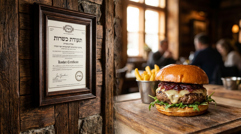 תעודת כשרות בהשגחת הרבנות ממוסגרת על קיר מסעדת בשרים כשרה עם המבורגר עסיסי ברקע