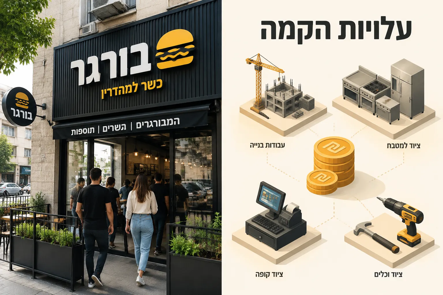 Editorial landscape image showing a split composition: left side a bright modern burger restaurant storefront in Haifa with