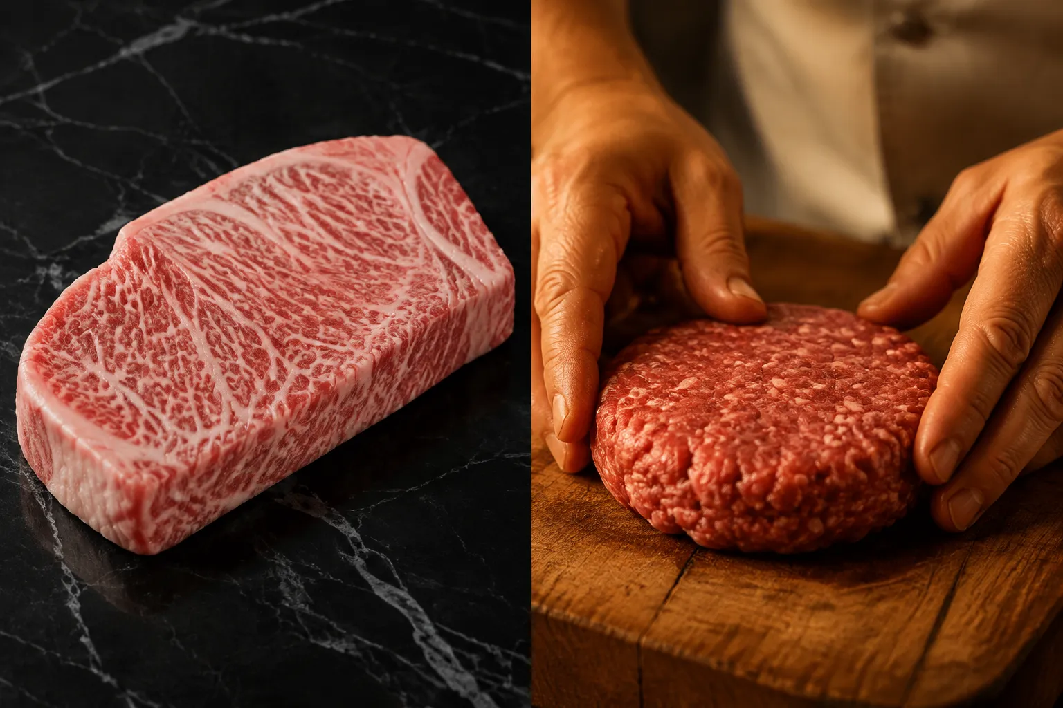 Split-screen editorial food photography landscape , left side shows a raw A5 Japanese wagyu steak slice with extreme white