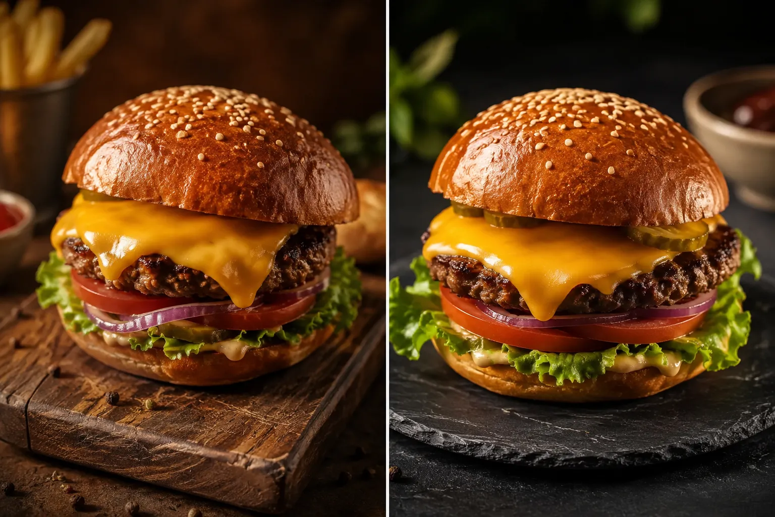 Split-screen editorial landscape (): left half shows a classic non-kosher cheeseburger with real dairy cheese on a rustic